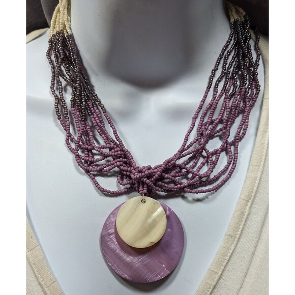 Neutral Mermaidcore Purple And White Glass Beaded Shell Pendant Necklace - Picture 4 of 6